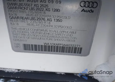 2010 Audi Q5 3.2 Premium from USA, damaged, VIN WA1CKAFP3AA032271